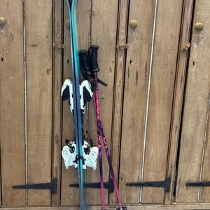 Skis, bindings, ski poles.